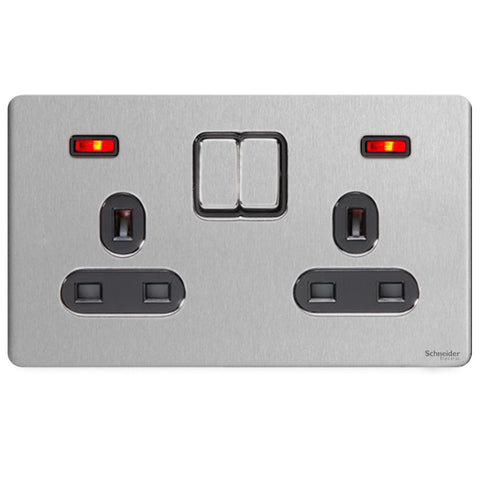 GU3421BSS Ultimate screwless flat plate stainless steel black insert 2 gang 13A switched + neons socket