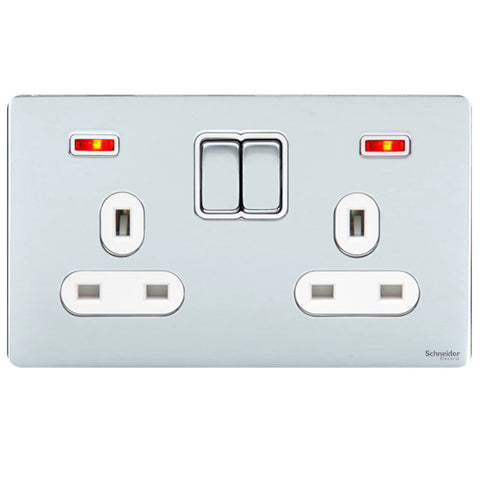 GU3421WPC - Ultimate Screwless Flat Plate 2 Gang 13A Switched + Neons Socket Polished Chrome White Insert