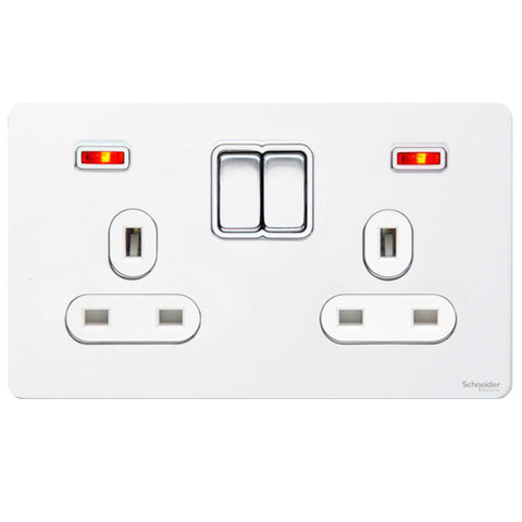 GU3421WPW Ultimate screwless flat plate white metal white insert 2 gang 13A switched + neons socket