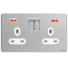 GU3421WSS Ultimate screwless flat plate stainless steel white insert 2 gang 13A switched + neons socket