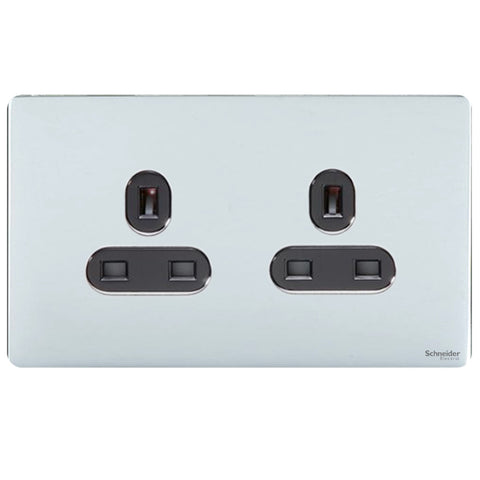 GU3460BPC Ultimate screwless flat plate polished chrome black insert 2 gang 13A unswitched socket