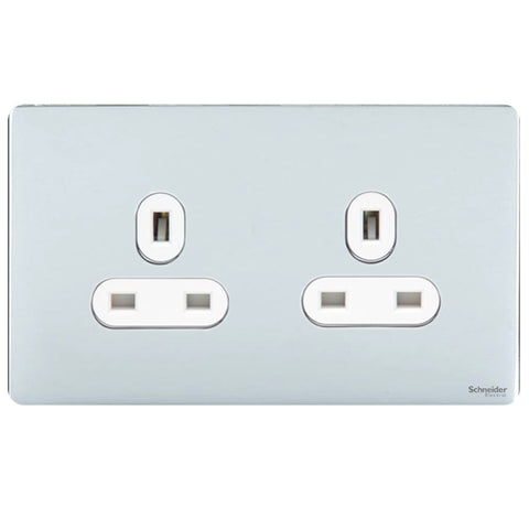 GU3460WPC Ultimate screwless flat plate polished chrome white insert 2 gang 13A unswitched socket