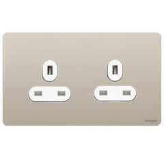GU3460WPN Ultimate screwless flat plate pearl nickel white insert 2 gang 13A unswitched socket