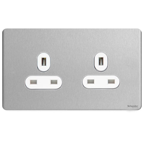 GU3460WSS Ultimate screwless flat plate stainless steel white insert 2 gang 13A unswitched socket