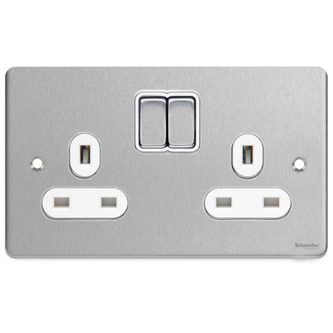 GU3520WBC Ultimate low profile brushed chrome white insert 2 gang 13A switched socket