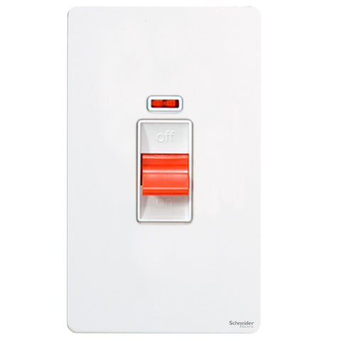 GU4421WPW Ultimate screwless flat plate white metal white insert 2 gang 50A DP plate switch + neon