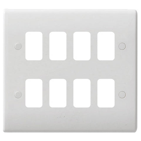 GUG08G Ultimate grid white moulded 8 gang flush plate (c/w mounting frame)