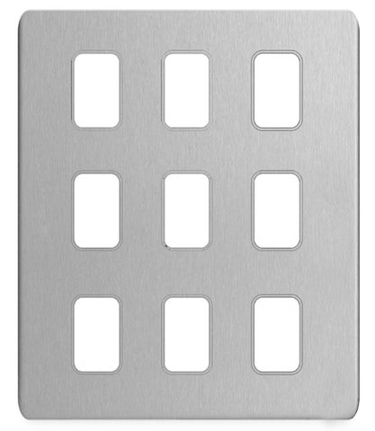 GUGS09GSS Ultimate grid screwless cover plate stainless steel 9 gang (c/w mounting frame)