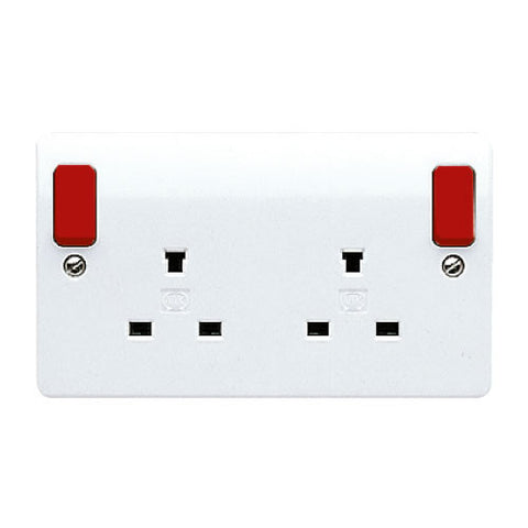 MK Electric K1246D1WHI Logic Plus 13A 2 Gang DP Non-Standard Switched Socket Outlet with Red Rockers