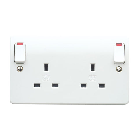 MK Electric K2476WHI Logic Plus 13A 2 Gang DP Switched Socket Outlet with Outboard Rockers and Neons