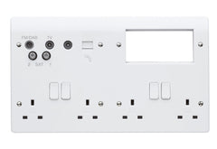 MK Electric K2740WHI Logic Plus 4 Gang DP 13A Combination Plate with TV/FM/DAB/SAT x 2 Quad TV, BT and 4 x Euro Aperture