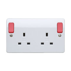 MK Electric K2746D1WHI Logic Plus 13A 2 Gang DP Switched Socket Outlet  Dual Earth with  Red Outboard Rockers