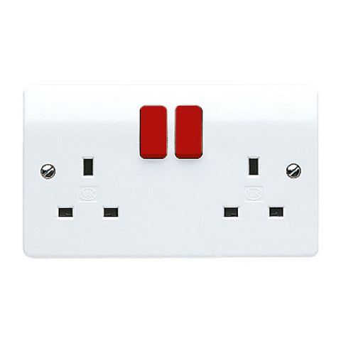 MK Electric K2747D1WHI Logic Plus 13A 2 Gang DP Switched Socket Outlet with Red Rockers
