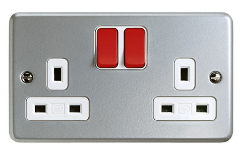 K2946D6ALM - 13A 2 Gang Double Pole Switch Socket Outlet with Red Rockers - Metallic