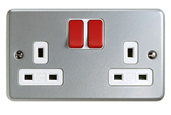 K2946D6ALM - 13A 2 Gang Double Pole Switch Socket Outlet with Red Rockers - Metallic