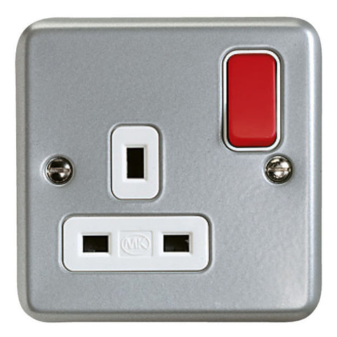 K2977D6ALM - 13A 1 Gang Double Pole Switch Socket Outlet with Red Rocker - Metallic