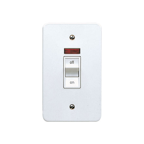 MK Electric K5230WHI Logic Plus 45A 2 Gang White Metal DP Surface Mounted Switch with Neon