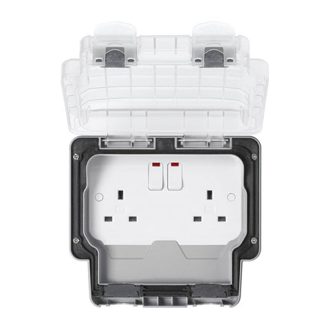 MK Masterseal Plus K56488GRY - IP66 2 Gang 13A Single Switch Socket Outlet with Neon + Clear Lid - Grey