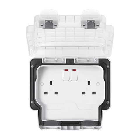 MK Masterseal Plus K56488WHI - IP66 2 Gang 13A Single Switch Socket Outlet with Neon + Clear Lid - White