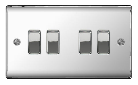 BG  Nexus Metal - NPC44 -  Chrome 10AX Plate Switch 4 Gang, 2 Way