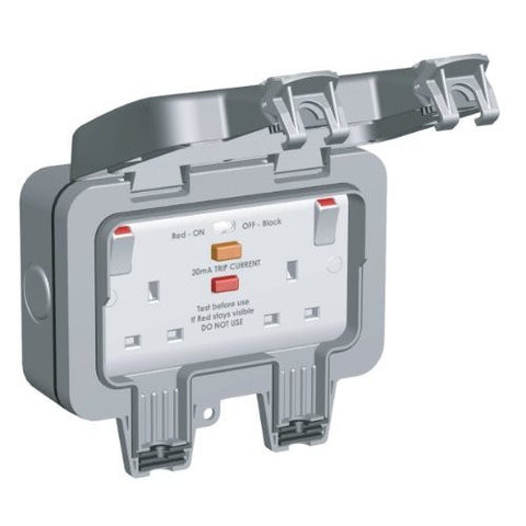BG Nexus Storm WP22RCD - IP66 2 Gang 13 Amp IP rated RCD Switched Socket Outlets (Latching) - Grey